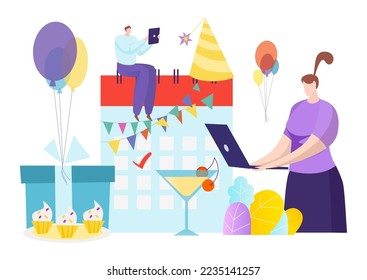Event holiday manager, vector illustration, flat huge woman plan celebration in organizer, work with calendar, laptop and tiny man assistant