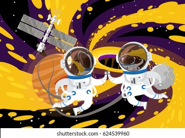 event horizon black hole astronauts falling gravity effect and space station