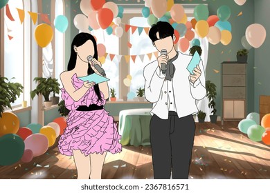 Event host standing. Young man and young girl with microphone and paper sheet in hand talking on stage isolated on white background. stylish outfit vector illustration