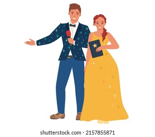 Event hosts vector. Cinema award ceremony presenter illustration. Man and woman wearing suit and festive dress standing isolated on white background