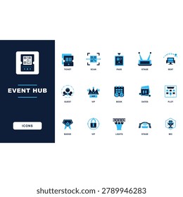 Event hub icons set for ticketing scanning and event planning with vip access stage and lighting symbols