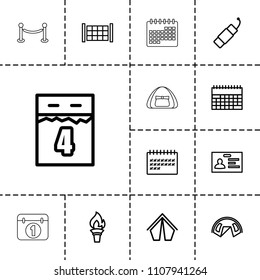 Event icon. collection of 13 event outline icons such as fence, badge, tent, calendar, firework, torch. editable event icons for web and mobile.