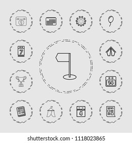 Event icon. collection of 13 event outline icons such as tent, news, calendar 7 date, 14 date calendar, fireworks, balloon, trophy. editable event icons for web and mobile.