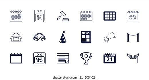 Event icon. collection of 18 event filled and outline icons such as calendar, red carpet barrier, news, tent, 14 date calendar, mask. editable event icons for web and mobile.