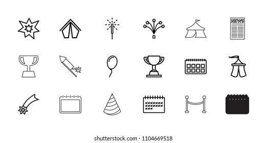 Event icon. collection of 18 event outline icons such as tent, calendar, falling star, sparkler, fireworks, balloon, trophy. editable event icons for web and mobile.
