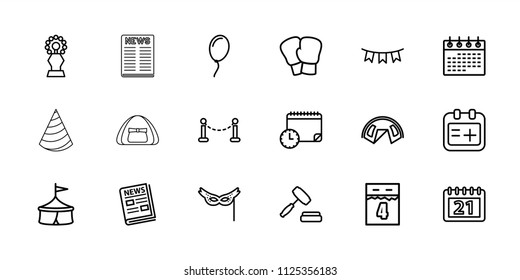 Event icon. collection of 18 event outline icons such as fence, calendar, circus, tent, boxing gloves, medical appointment, news. editable event icons for web and mobile.