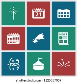 Event icon. collection of 9 event filled icons such as circus, calendar, sparkler, news, falling star, fireworks. editable event icons for web and mobile.