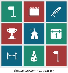 Event icon. collection of 9 event filled icons such as calendar, fireworks, party hat, tent, trophy, flag. editable event icons for web and mobile.