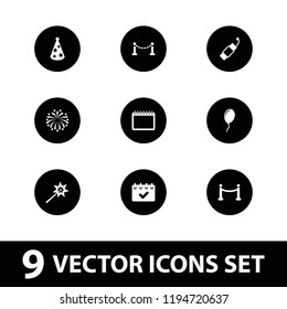 Event icon. collection of 9 event filled icons such as fence, sparklers, firework, fireworks, party hat, red carpet, balloon. editable event icons for web and mobile.