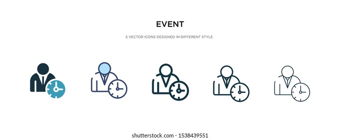 event icon in different style vector illustration. two colored and black event vector icons designed in filled, outline, line and stroke style can be used for web, mobile, ui