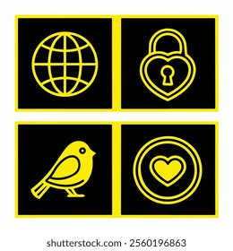 event icon list Globe, Heart Lock, Lovebird vector illustrations with black background