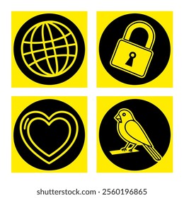 event icon list Globe, Heart Lock, Lovebird vector illustrations with black background