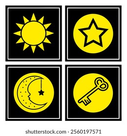 event icon list Sunset, Moon, Star, Key,  vector illustrations with black background