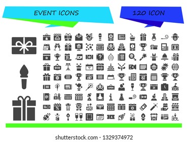 event icon set. 120 filled event icons.  Simple modern icons about  - Present, Gift box, Torch, Event, Calendar, Gift, Notification, Clown, Trophy, Newspaper, Champagne, Party hat