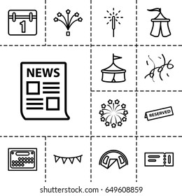 Event icon. set of 13 outline event icons such as ticket, calendar, party flag, sparkler, fireworks, confetti, tent, reserved, news