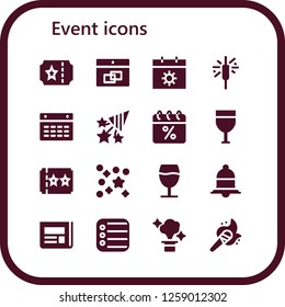  event icon set. 16 filled event icons. Simple modern icons about  - Ticket, Calendar, Sparkler, Confetti, Champagne, Notification, Newspaper, Reminder, Magic, Torch