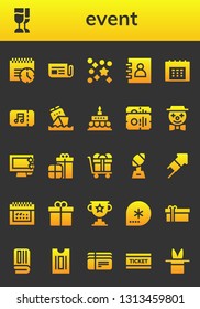 event icon set. 26 filled event icons.  Simple modern icons about  - Deadline, Champagne, Newspaper, Confetti, Agenda, Calendar, Ticket, Birthday cake, Clown, Display, Presents