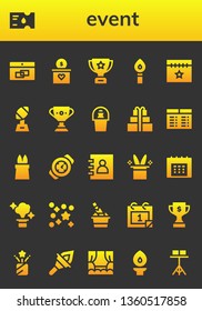 event icon set. 26 filled event icons.  Simple modern icons about  - Calendar, Ticket, Gift, Trophy, Torch, Champagne, Timetable, Magic, Watch, Agenda, Magic hat, Confetti, Stage