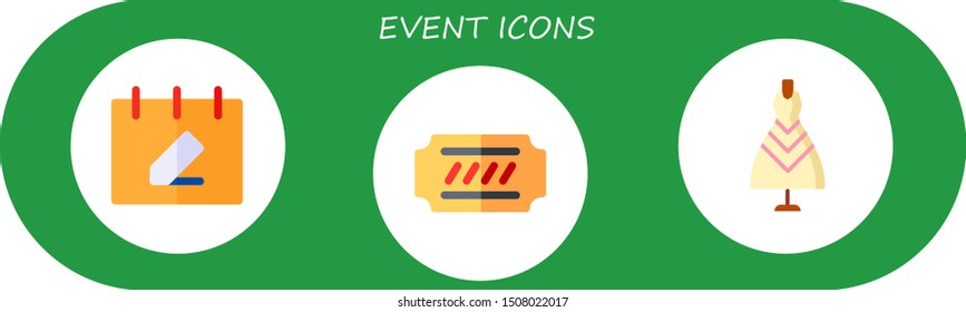 event icon set. 3 flat event icons.  Simple modern icons about  - calendar, ticket, bride dress