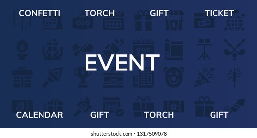 event icon set. 32 filled event icons. on blue background style Simple modern icons about  - Confetti, Torch, Gift, Ticket, Calendar, Open, Kayak, Trophy, Golf, Stadium, Newspaper