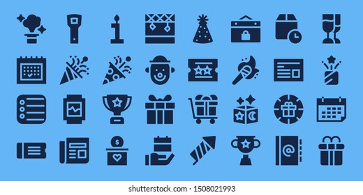 event icon set. 32 filled event icons. on blue background style Simple modern icons about  - Magic, Calendar, Reminder, Ticket, Opener, Confetti, Watch, Newspaper, Birthday, Trophy