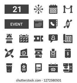event icon set. Collection of 21 filled event icons included Press, Calendar, Newspaper, Ticket, Thandai, Trophy, Kayak, Display, Notification, Magician hat, Agenda, Red carpet