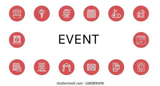 event icon set. Collection of Ticket office, Torch, Mirror ball, Calendar, Golf, Tickets, Dance, Canopy, Carpet, Entertainment, Stage, Appointment icons