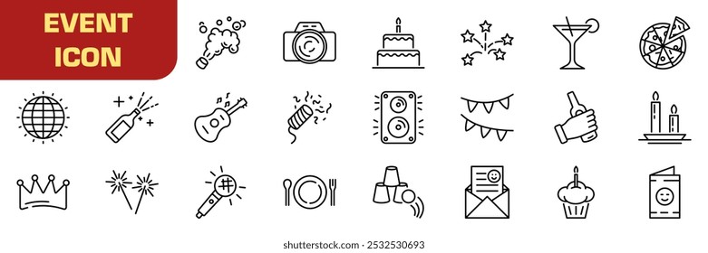 Event icon set. Linear style. Celebration symbol.