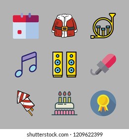 event icon set. vector set about microphone, birthday cake, french horn and speaker icons set.