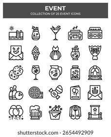 Colección de iconos de eventos. 25 Pictogramas de celebración de fiesta de estilo lineal