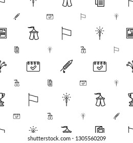 event icons pattern seamless white background. Included editable outline flag, fireworks, news, tent, calendar, sparkler, trophy icons. event icons for web and mobile.