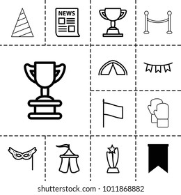 Event icons. set of 13 editable outline event icons such as flag, trophy, news, party flag, mask, tent, red carpet barrier, party hat