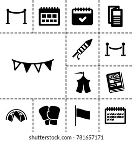 Event icons. set of 13 editable filled event icons such as red carpet barrier, news, calendar, boxing gloves, party flag, fireworks, tent, flag