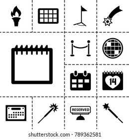 Event icons. set of 13 editable filled event icons such as sparklers, falling star, 14 date, calendar, reserved, flag, torch, red carpet barrier