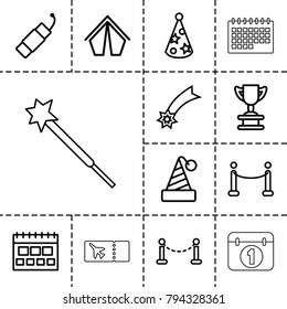 Event icons. set of 13 editable outline event icons such as fence, calendar, party hat, trophy, tent, falling star, firework, red carpet, ticket