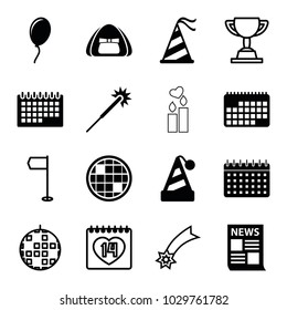 Event icons. set of 16 editable filled and outline event icons such as sparklers, party hat, news, balloon, calendar, disco ball, flag, falling star, 14 date, trophy, tent
