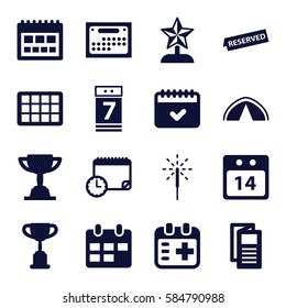 event icons set. Set of 16 event filled icons such as news, calendar, medical appointment, calendar 7 date, sparkler, reserved, tent, trophy