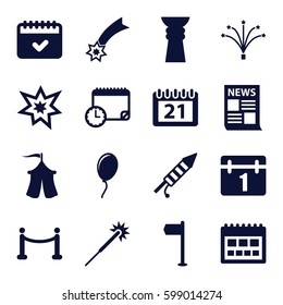 event icons set. Set of 16 event filled icons such as sparklers, calendar, fireworks, tent, red carpet, balloon, calendar with clock, trophy, falling star, news