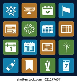 Event icons set. set of 16 event filled icons such as calendar, calendar 7 date, sparkler, firework, fireworks, reserved, flag, plan