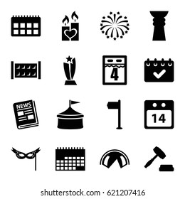 Event icons set. set of 16 event filled icons such as fence, candle heart, news, 14 date calendar, fireworks, mask, auction, calendar, 4th date calendar, trophy, circus, tent