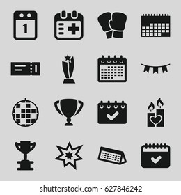 Event icons set. set of 16 event filled icons such as ticket, calendar, candle heart, medical appointment, party flag, fireworks, 1st day calendar, trophy, disco ball
