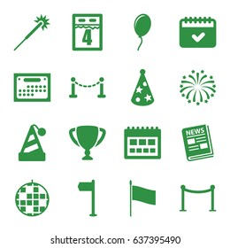 Event icons set. set of 16 event filled icons such as fence, red carpet barrier, sparklers, calendar, news, fireworks, party hat, balloon, 4th date calendar, flag, trophy