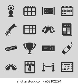 Event icons set. set of 16 event filled icons such as fence, ticket, calendar, news, firework, reserved, red carpet, tent, 4th date calendar, trophy