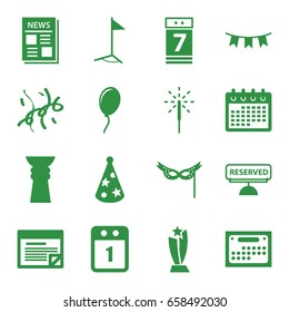Event icons set. set of 16 event filled icons such as calendar, news, calendar 7 date, party flag, sparkler, party hat, mask, confetti, reserved, flag, plan, balloon