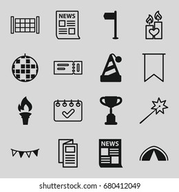 Event icons set. set of 16 event filled and outline icons such as party flag, torch, tent, fence, ticket, news, candle heart, flag, calendar, disco ball, party hat, trophy