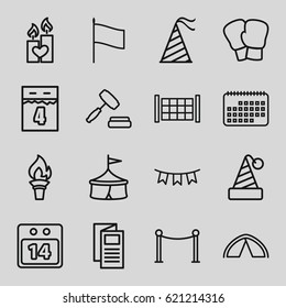 Event icons set. set of 16 event outline icons such as fence, Red carpet barrier, news, candle heart, party hat, party flag, 14 date calendar, auction, tent, calendar
