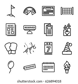 Event icons set. set of 16 event outline icons such as fence, news, calendar, candle heart, calendar 7 date, confetti, reserved, balloon, flag, torch, boxing gloves, tent