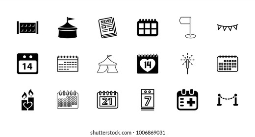 Event icons. set of 18 editable filled and outline event icons: fence, circus, calendar, 14 date, candle heart, medical appointment, 14 date calendar, calendar 7 date, news