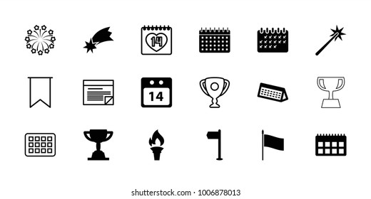 Event icons. set of 18 editable filled and outline event icons: flag, calendar, 14 date calendar, torch, trophy, 14 date, fireworks, plan, sparklers