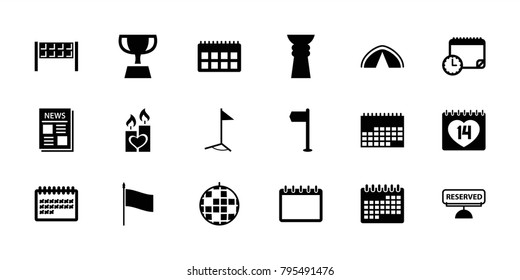 Event icons. set of 18 editable filled event icons: disco ball, calendar, flag, 14 date, candle heart, news, reserved, trophy, tent, calendar with clock